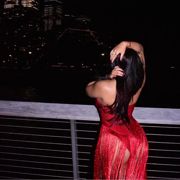 BELLA BARNETT: Strapless bodysuit Red Fringe Maxi Dress with Sheer Tassel Skirt - Picture 4 of 4